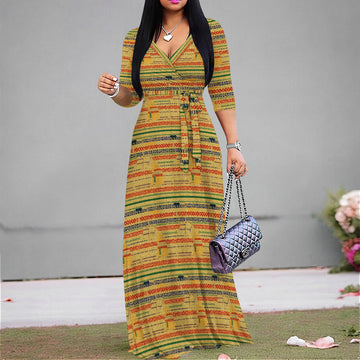 African Kente Print Wrap Maxi Dress V-Neck Belted Long Dress S-3XL for Juneteenth or Church Wear