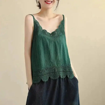 Womens Cotton And Linen Suspender Lace Vest Top