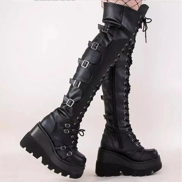 Fashion High Boots Women Platform Wedges Motorcycle Boot Over The Knee Army Stripper Heels Black Lace-up Belt Buckle Long Boots