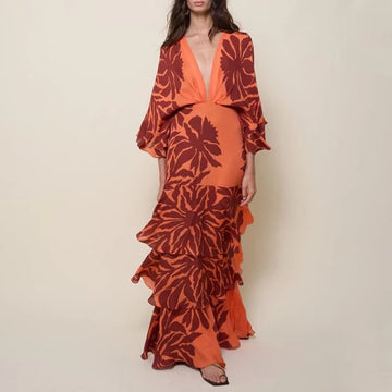 FLAXMAKER Maxi Long Dress Women Sexy Sleeveless Ruffle Dolman Sleeve Printed Dresses Bandeau Blossom Print Sundress 2025