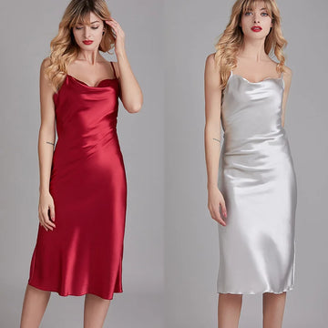 Spring Summer Ice Silk Satin Nightgowns for Women V-neck Elegant Solid Slim Fit Suspender Long Thin Nightdress