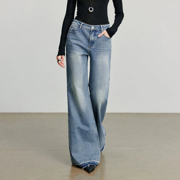 TOYOUTH Women Denim Jeans 2025 Autumn New Gradient Washed Lycra Cotton Flare Pants