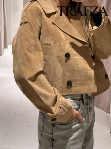 TRAFZA Autumn Woman Elegant Chic Lapel Long Sleeves High Street Coats Women Pocket Double-Breasted Design Casual Short Jacket