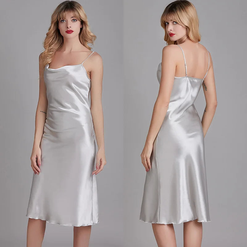 Spring Summer Ice Silk Satin Nightgowns for Women V-neck Elegant Solid Slim Fit Suspender Long Thin Nightdress
