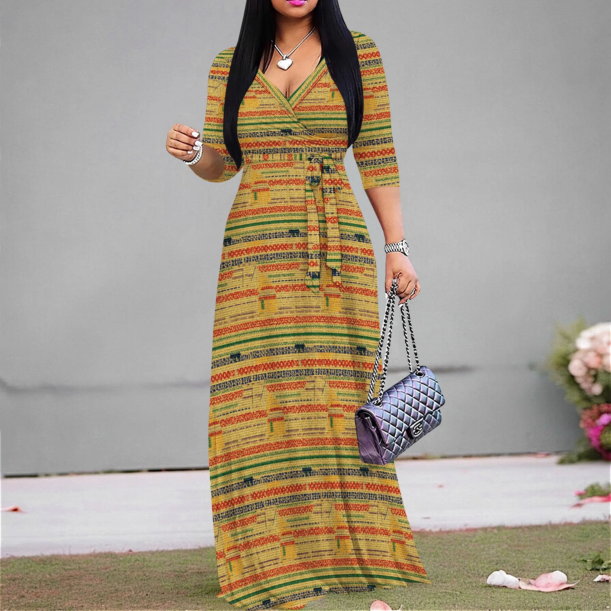 African Kente Print Wrap Maxi Dress V-Neck Belted Long Dress S-3XL for Juneteenth or Church Wear