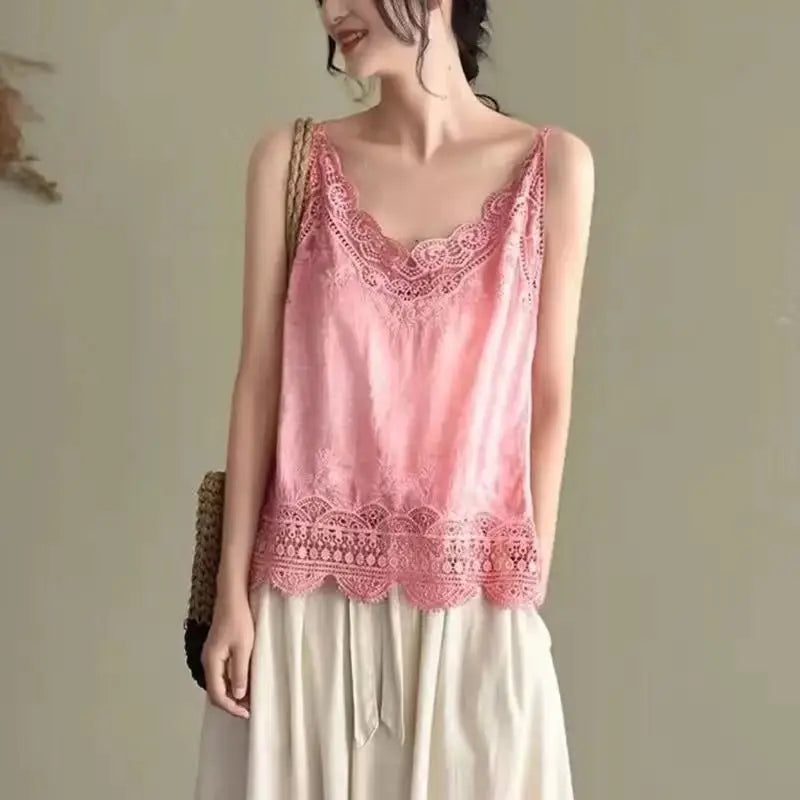 Womens Cotton And Linen Suspender Lace Vest Top