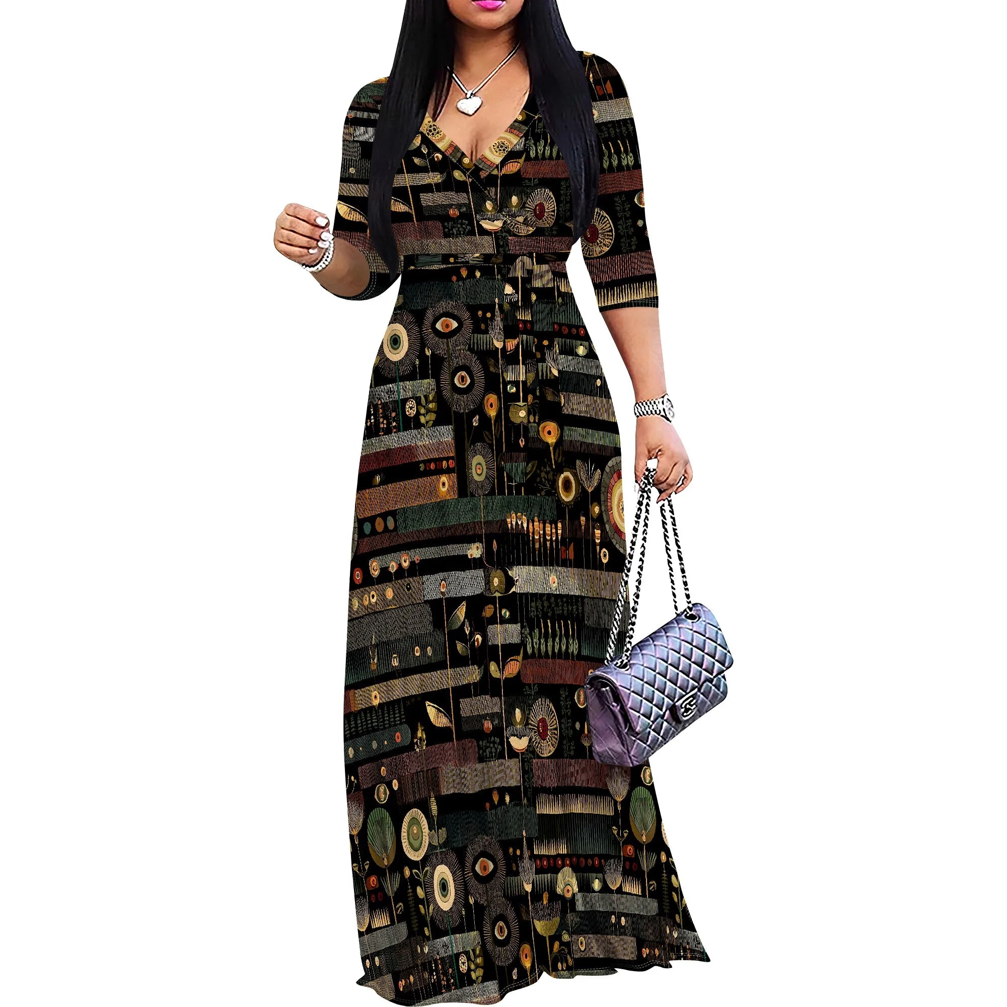 African Kente Print Wrap Maxi Dress V-Neck Belted Long Dress S-3XL for Juneteenth or Church Wear