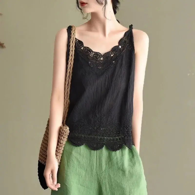 Womens Cotton And Linen Suspender Lace Vest Top