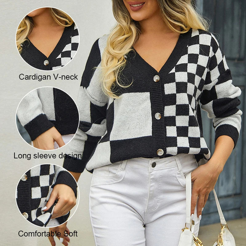 New Chic Autumn Women's Button Winter Cardigan Red V-neck Plaid Casual Knitted Coats Women Comfortable Checkered Pattern Jacket