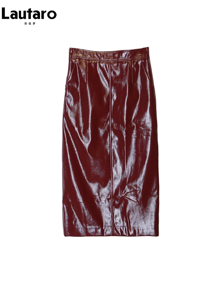 Lautaro Spring Autumn Shiny Reflective Patent Pu Leather Midi Pencil Skirt Women High Waist Long Luxury Designer Clothes 2023