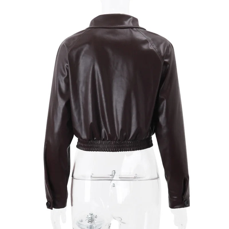 2025 Fashion Faux Leather Jacket Aesthetic Fashion Streetwear Turn-down Collar Coat Women Autumn Casual Simple Long Sleeve Coats