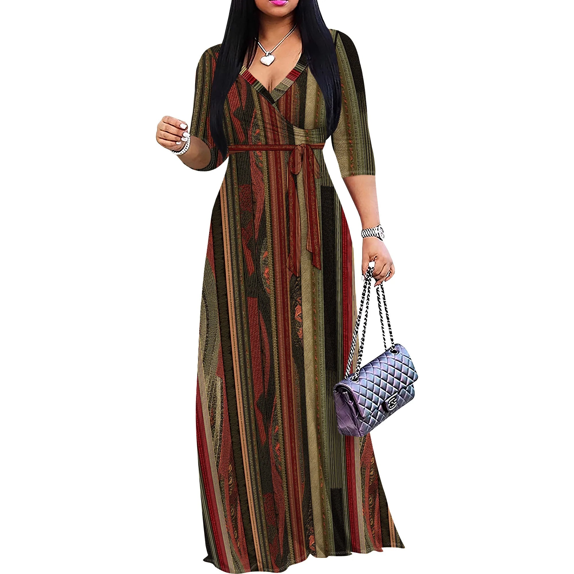 African Kente Print Wrap Maxi Dress V-Neck Belted Long Dress S-3XL for Juneteenth or Church Wear