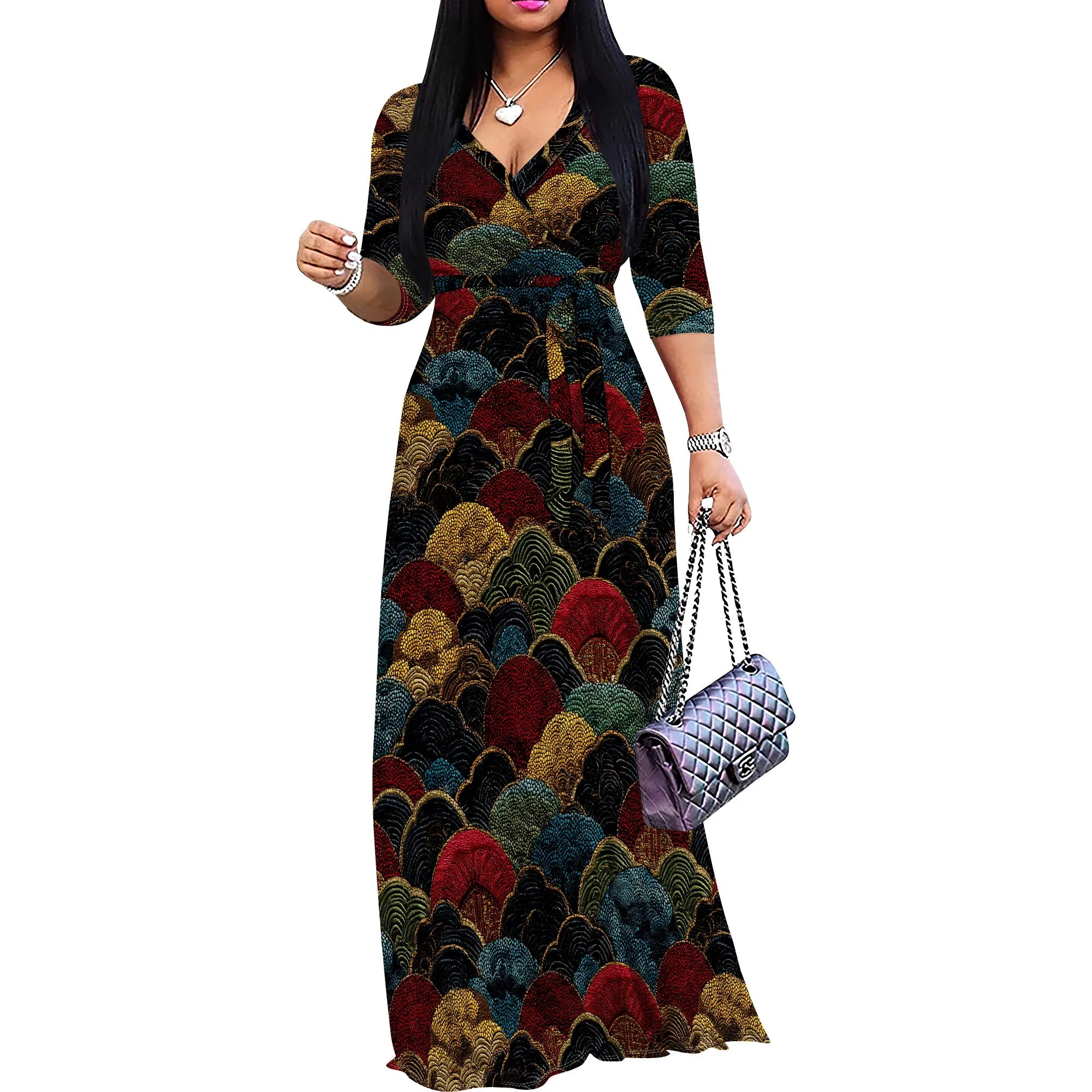 African Kente Print Wrap Maxi Dress V-Neck Belted Long Dress S-3XL for Juneteenth or Church Wear