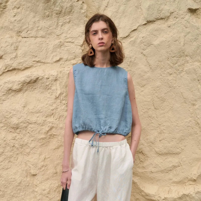100% Linen Tank Top Women 2025 Summer Breathable Short Tops Sleeveless Casual Loose Cotton Linen Drawstring Crop Tops