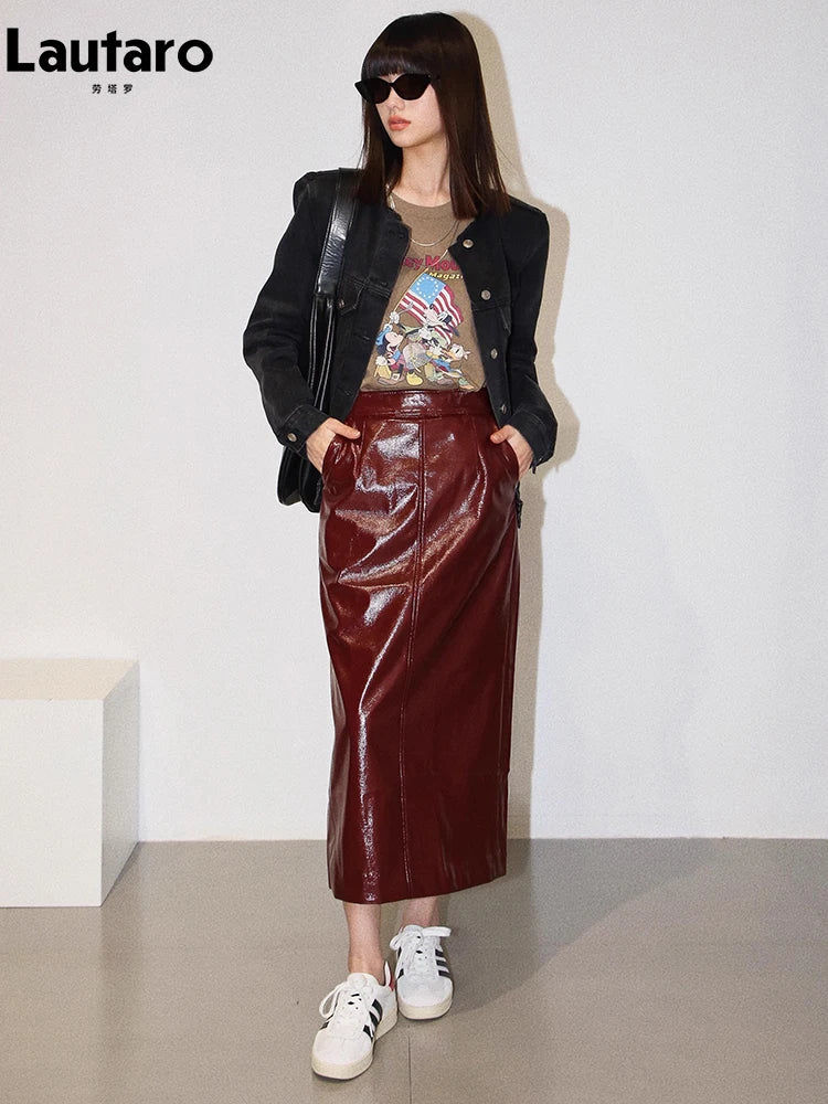 Lautaro Spring Autumn Shiny Reflective Patent Pu Leather Midi Pencil Skirt Women High Waist Long Luxury Designer Clothes 2023