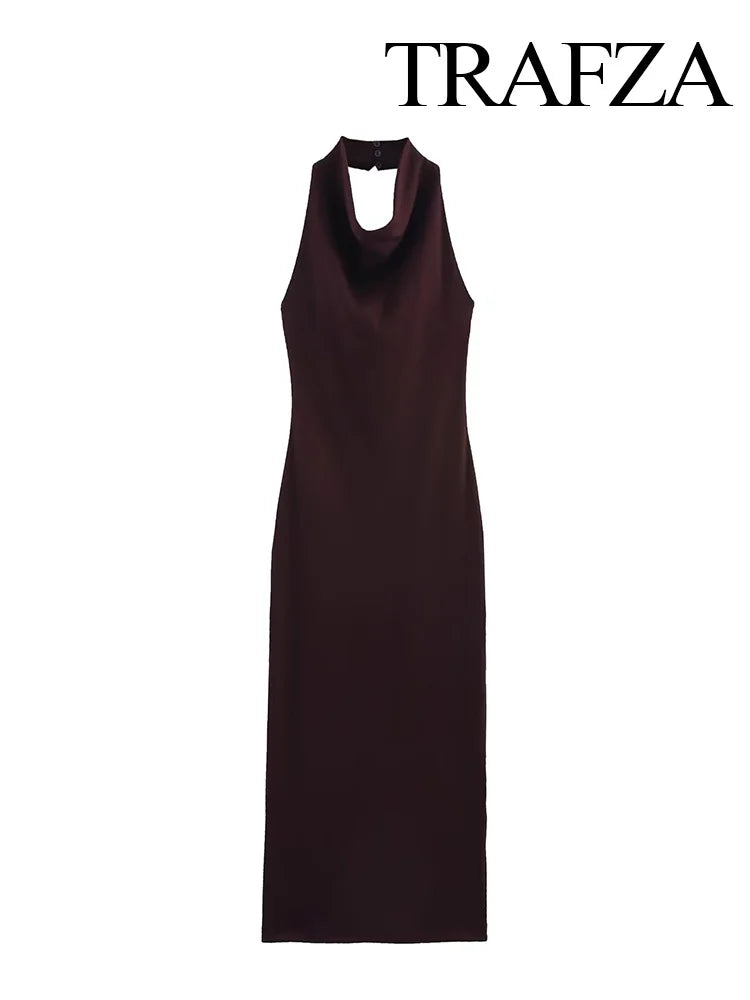 TRAFZA Summer Women's Dress Fashion Backless Sleeveless Hanging Neck Collar Solid Knitted Fashionable Female Midi Dress 2025