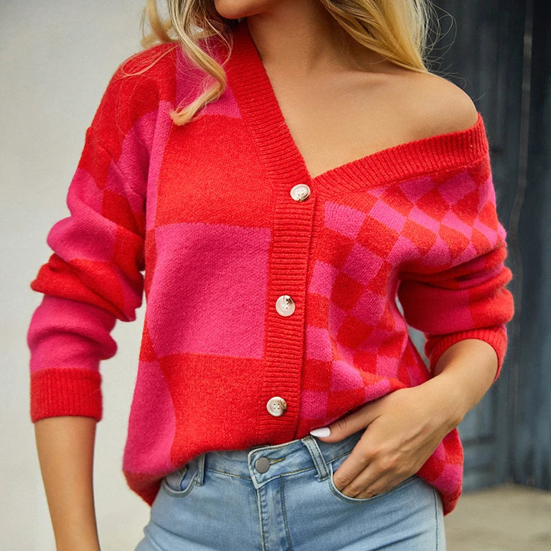 New Chic Autumn Women's Button Winter Cardigan Red V-neck Plaid Casual Knitted Coats Women Comfortable Checkered Pattern Jacket