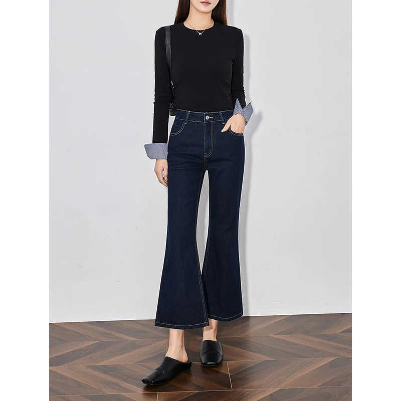 TOYOUTH Women Denim Jeans 2025 Spring New Retro Cotton Casual Versatile Micro Flare Pants