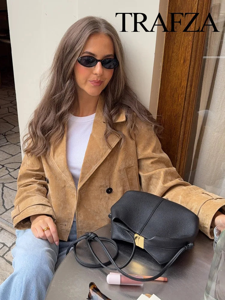 TRAFZA Autumn Woman Elegant Chic Lapel Long Sleeves High Street Coats Women Pocket Double-Breasted Design Casual Short Jacket