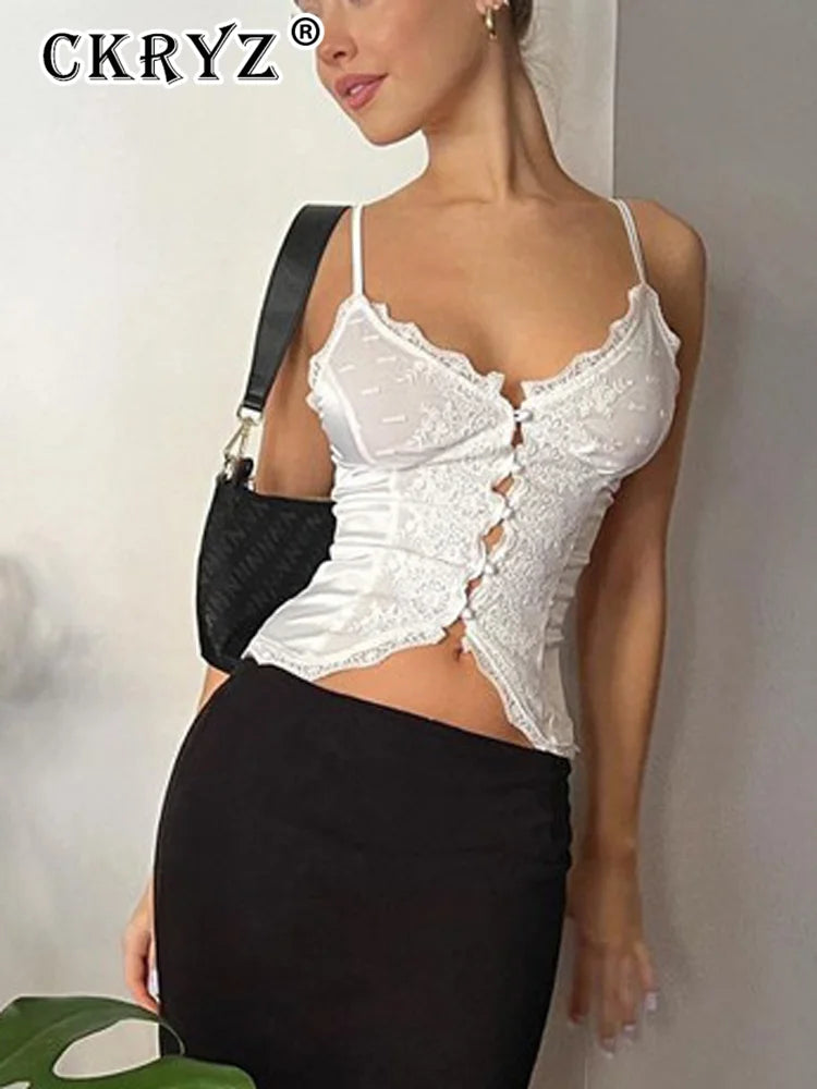 Ladies Summer Lace New Fashion Women Sleeveless Backless See Through Crop Top Vacation Club Streetwear Woman Y2K Tees Outfits