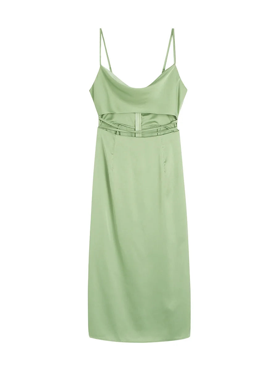 Party Evening Dresses Women Summer Spaghetti Strap Elegant Satin Midi Dress Cowl Neck Sleeveless Waist Cut Out Sexy Slip Dress