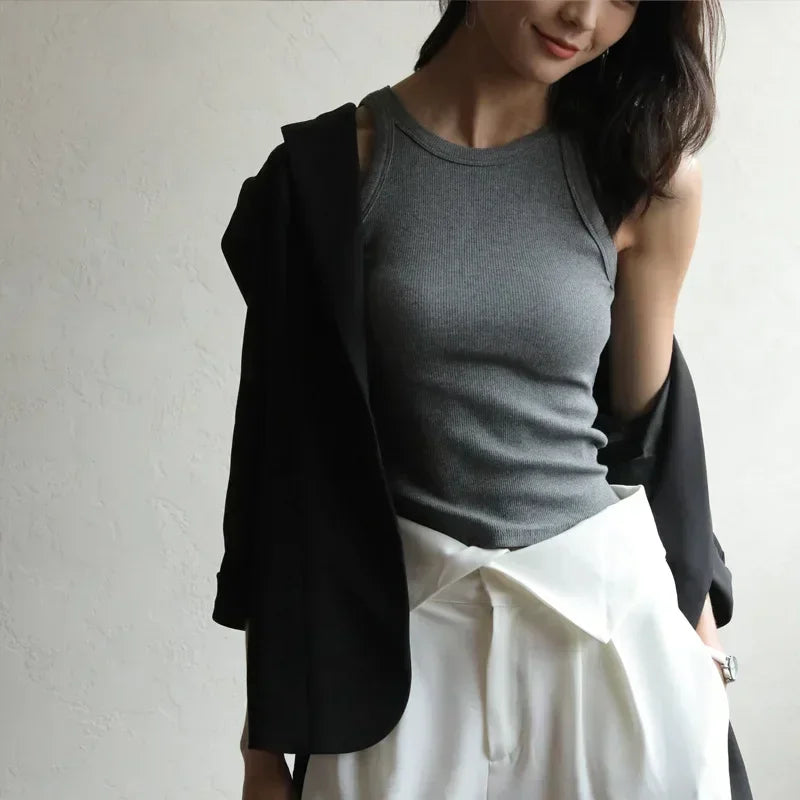 Women's High Stretch Sleeveless Screw Vest Knit Crop Top Women Knit Camisole Women Sweater Vest Cool Girl
