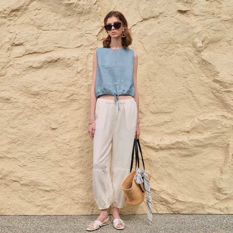 100% Linen Tank Top Women 2025 Summer Breathable Short Tops Sleeveless Casual Loose Cotton Linen Drawstring Crop Tops