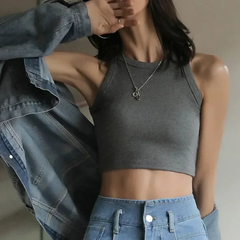 Women's High Stretch Sleeveless Screw Vest Knit Crop Top Women Knit Camisole Women Sweater Vest Cool Girl