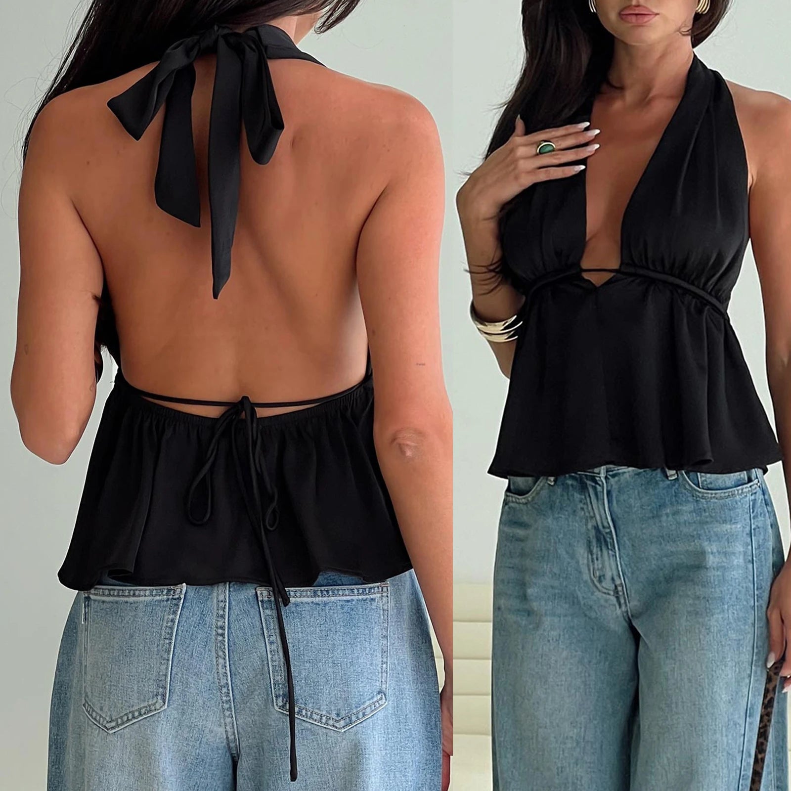 Women Halter Neck Crop Tops Sexy Tie-up Sleeveless Backless Tank Tops Solid Color Summer Vest Female Camisoles for Club Party