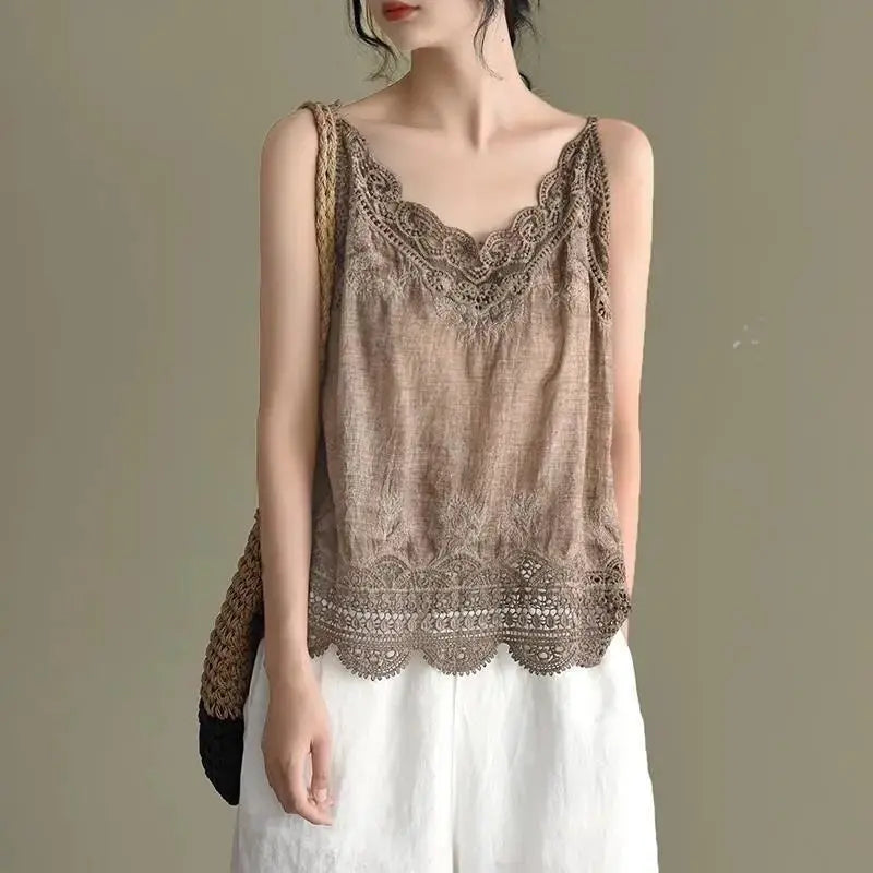 Womens Cotton And Linen Suspender Lace Vest Top