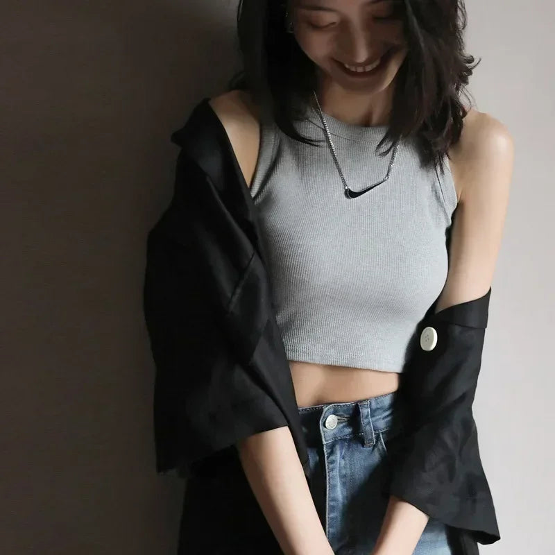 Women's High Stretch Sleeveless Screw Vest Knit Crop Top Women Knit Camisole Women Sweater Vest Cool Girl