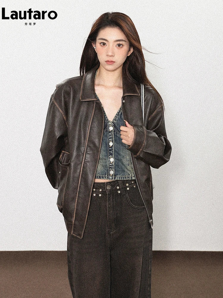 Vintage Brown PU Leather Jacket