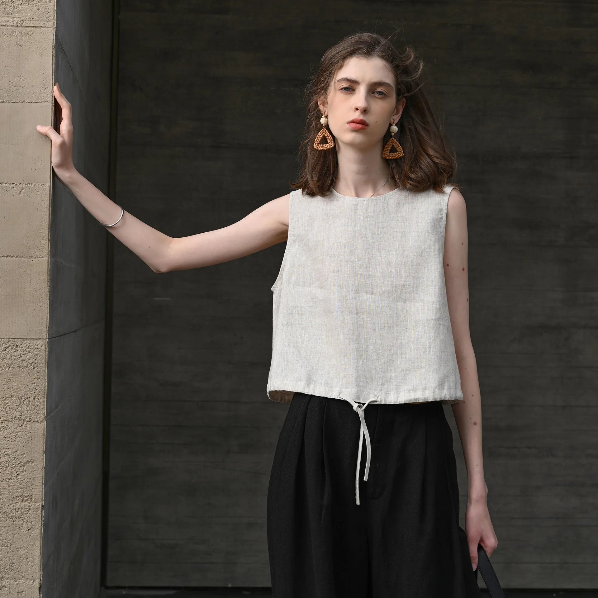 100% Linen Tank Top Women 2025 Summer Breathable Short Tops Sleeveless Casual Loose Cotton Linen Drawstring Crop Tops