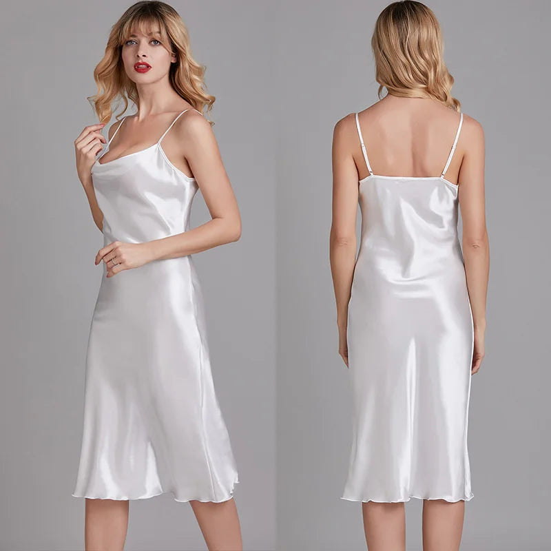 Spring Summer Ice Silk Satin Nightgowns for Women V-neck Elegant Solid Slim Fit Suspender Long Thin Nightdress