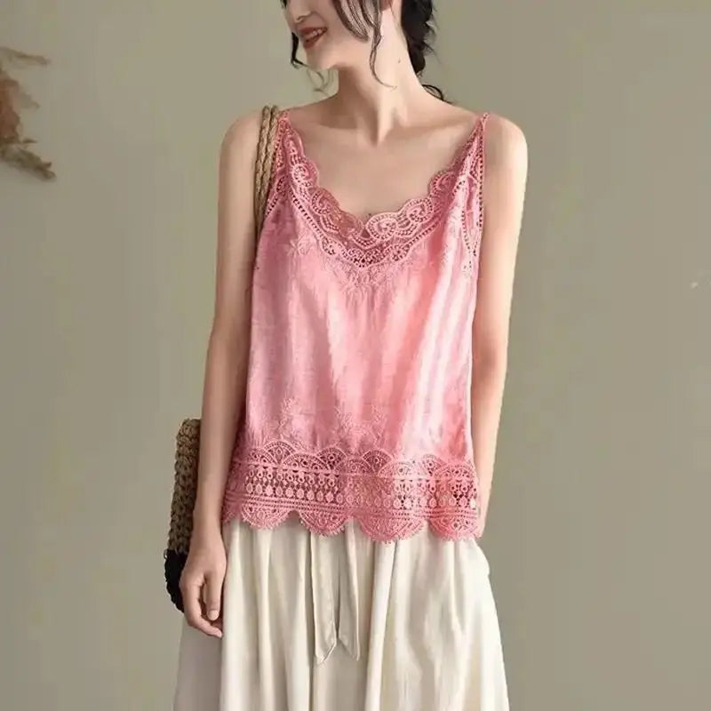 Womens Cotton And Linen Suspender Lace Vest Top