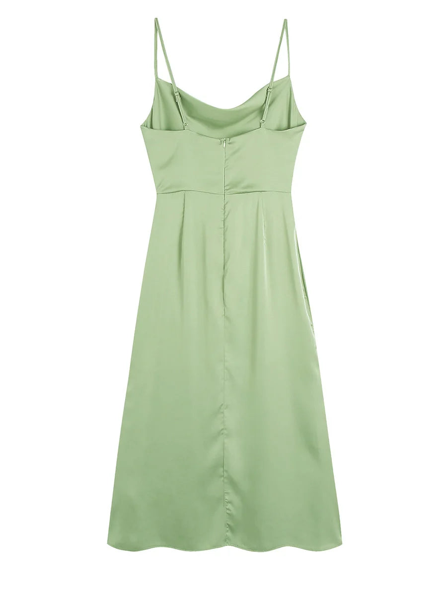 Party Evening Dresses Women Summer Spaghetti Strap Elegant Satin Midi Dress Cowl Neck Sleeveless Waist Cut Out Sexy Slip Dress