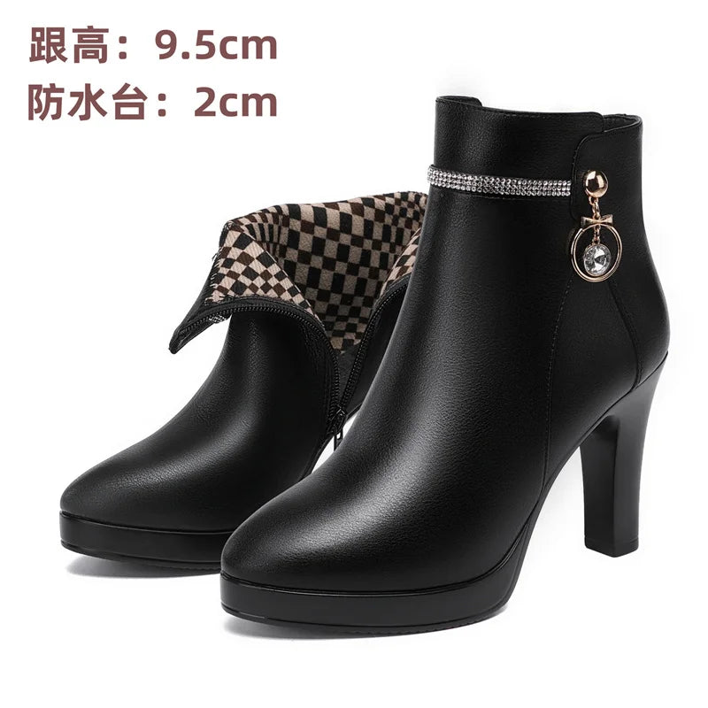 Comfortable Fashion Soft Leather Winter Shoes Platform Boots 2024 Elegant Black Block High Heel Plush Non-slip Ankle Boots