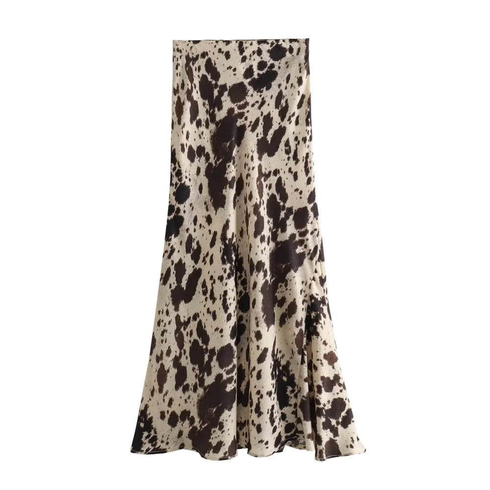 2024ZAR4   Spring Summer Women's Fashion niche animal print silk satin texture high waisted midi skirt