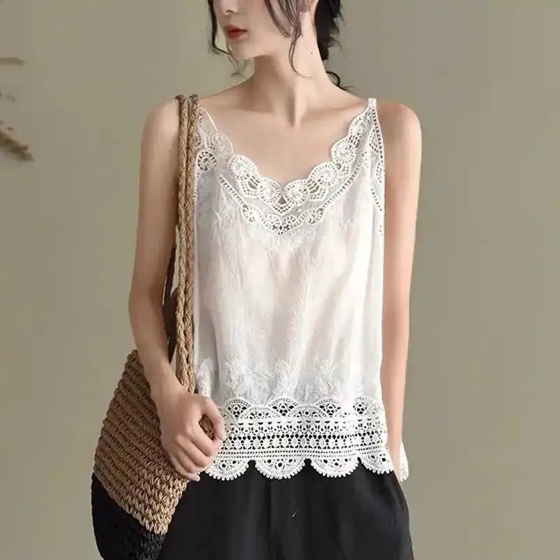 Womens Cotton And Linen Suspender Lace Vest Top