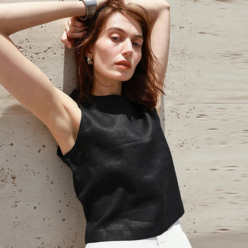 Chic Front And Back Two Wear Women Linen Tank Top 2025 Summer New Casual Short Loose 100% Linen Sleeveless Crop Tops