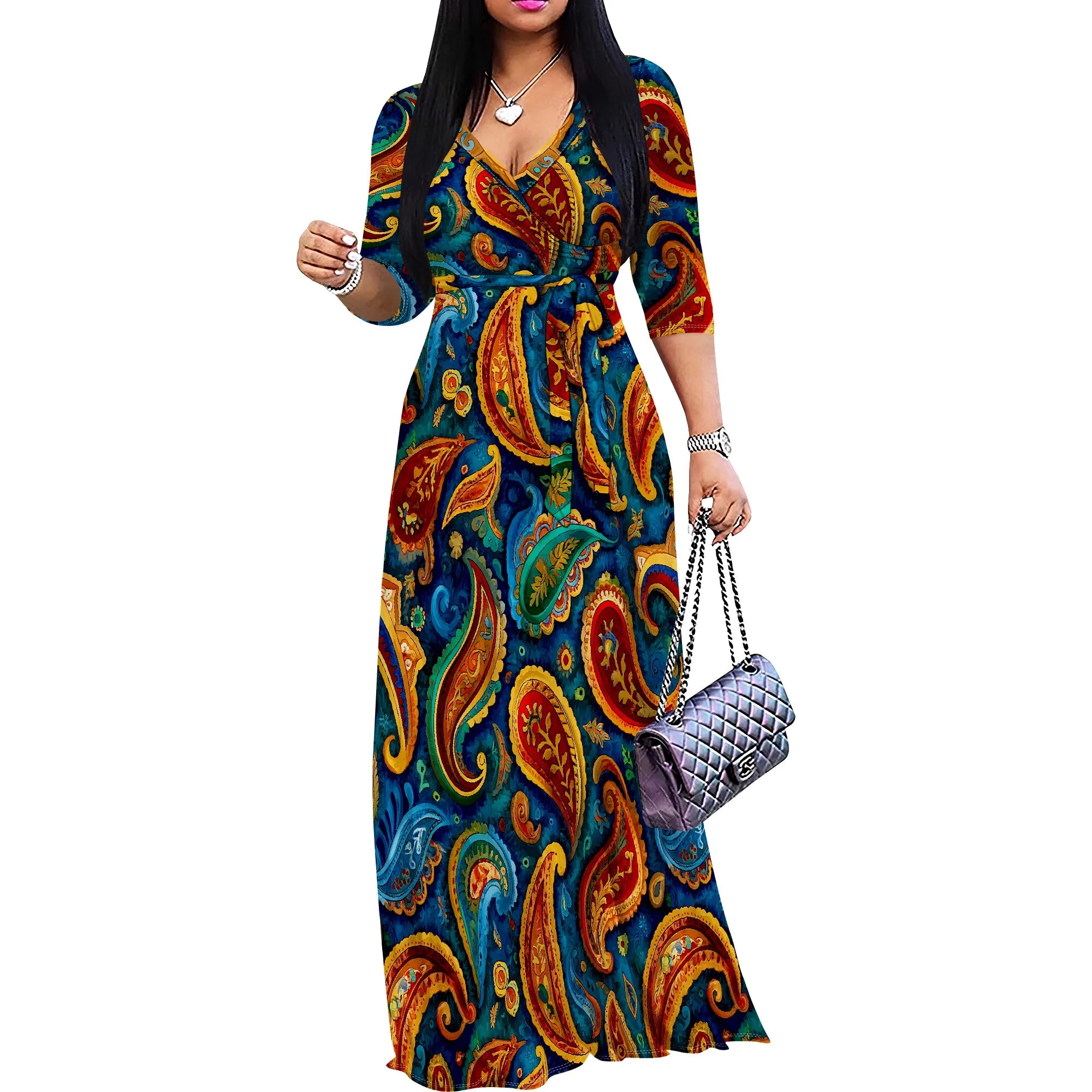 African Kente Print Wrap Maxi Dress V-Neck Belted Long Dress S-3XL for Juneteenth or Church Wear