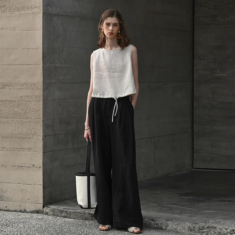 100% Linen Tank Top Women 2025 Summer Breathable Short Tops Sleeveless Casual Loose Cotton Linen Drawstring Crop Tops