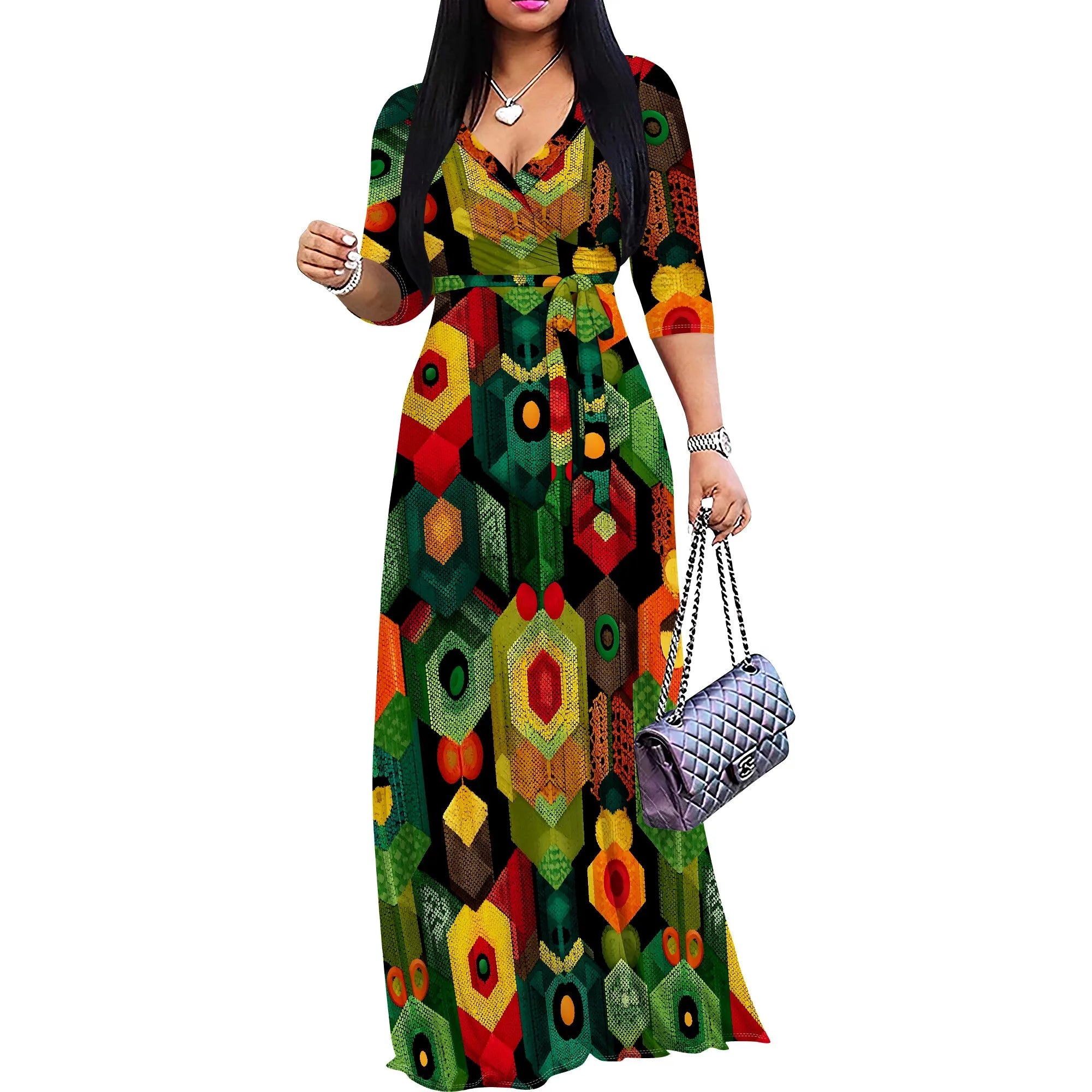 African Kente Print Wrap Maxi Dress V-Neck Belted Long Dress S-3XL for Juneteenth or Church Wear