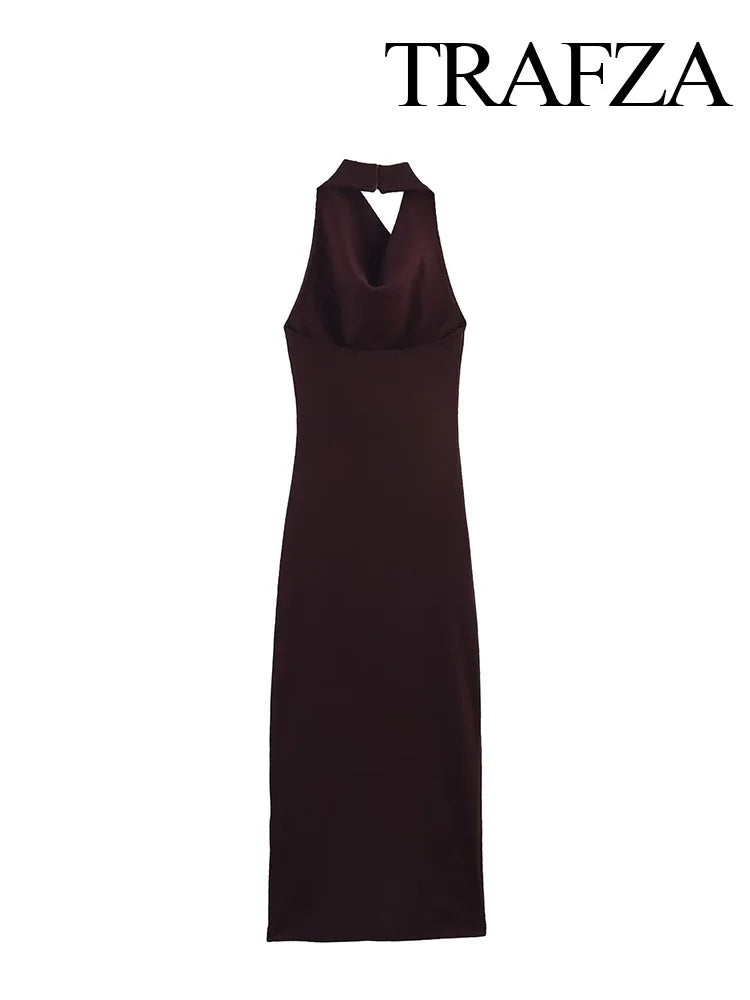 TRAFZA Summer Women's Dress Fashion Backless Sleeveless Hanging Neck Collar Solid Knitted Fashionable Female Midi Dress 2025