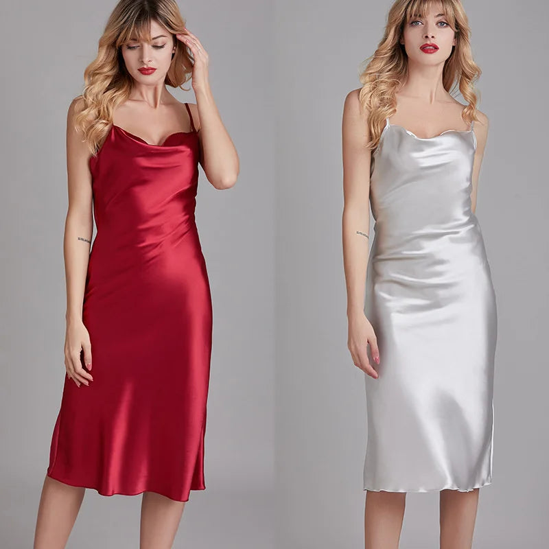 Spring Summer Ice Silk Satin Nightgowns for Women V-neck Elegant Solid Slim Fit Suspender Long Thin Nightdress