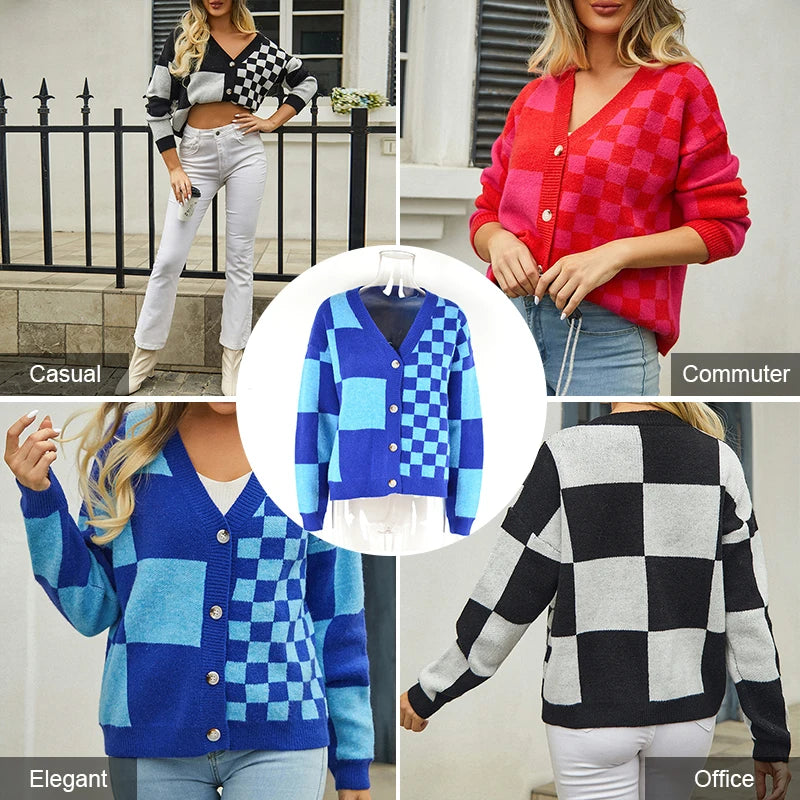 New Chic Autumn Women's Button Winter Cardigan Red V-neck Plaid Casual Knitted Coats Women Comfortable Checkered Pattern Jacket
