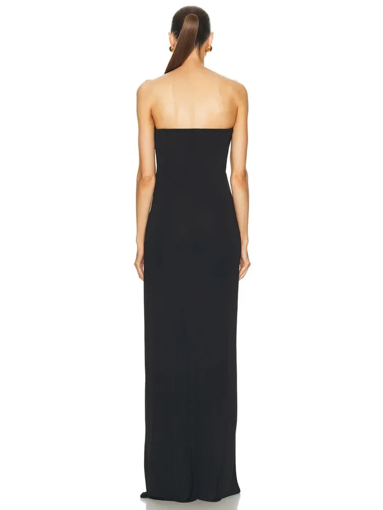2025 Women Celebrity Sexy Strapless Backless Black Maxi Long Bodycon Bandage Dress Elegant Evening Club Party Outfit