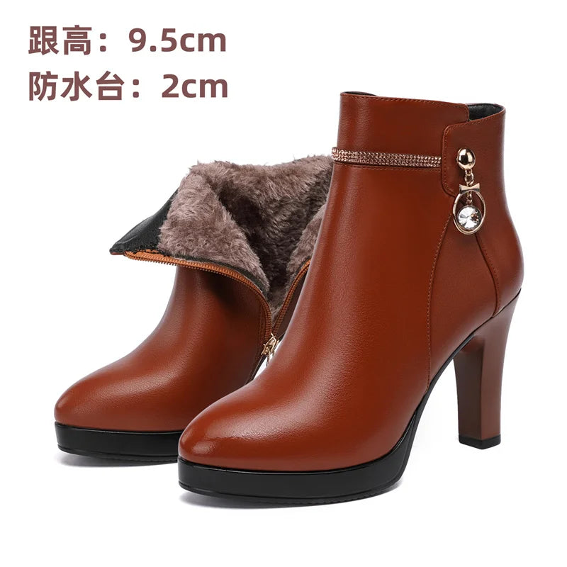 Comfortable Fashion Soft Leather Winter Shoes Platform Boots 2024 Elegant Black Block High Heel Plush Non-slip Ankle Boots