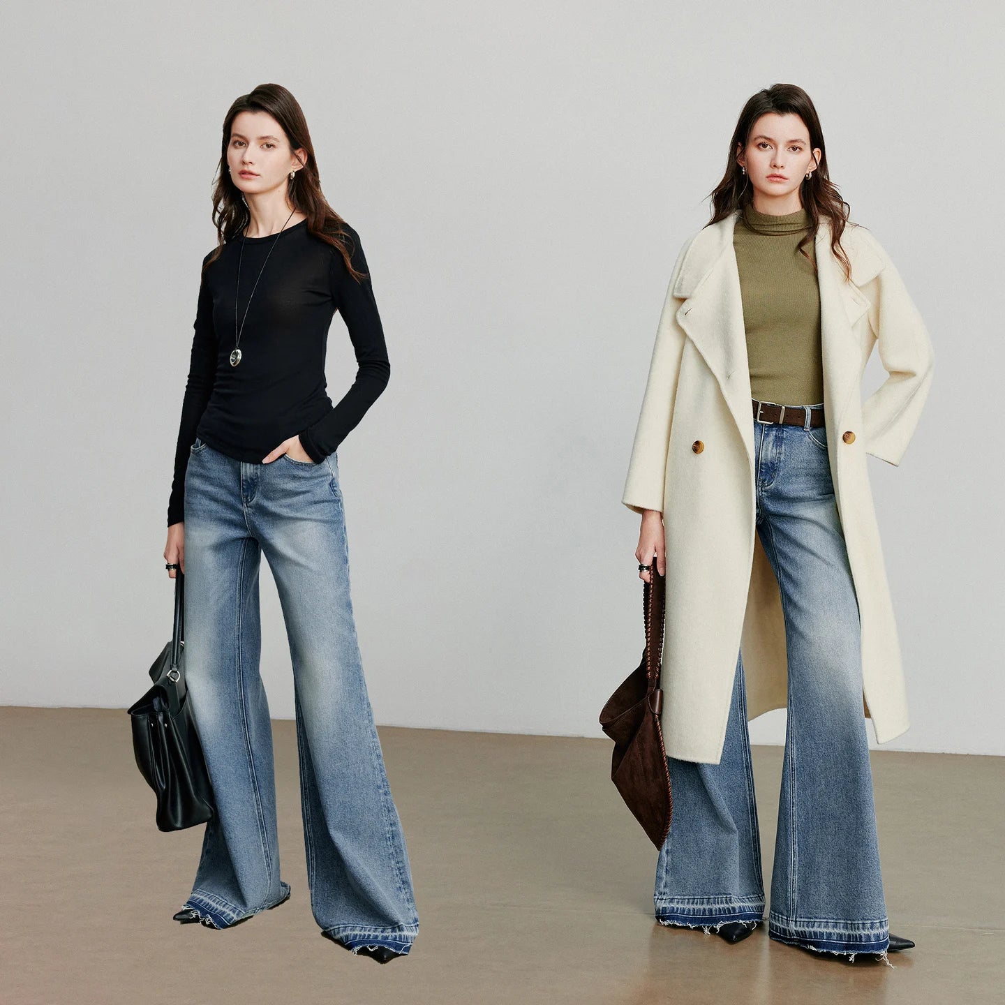 TOYOUTH Women Denim Jeans 2025 Autumn New Gradient Washed Lycra Cotton Flare Pants