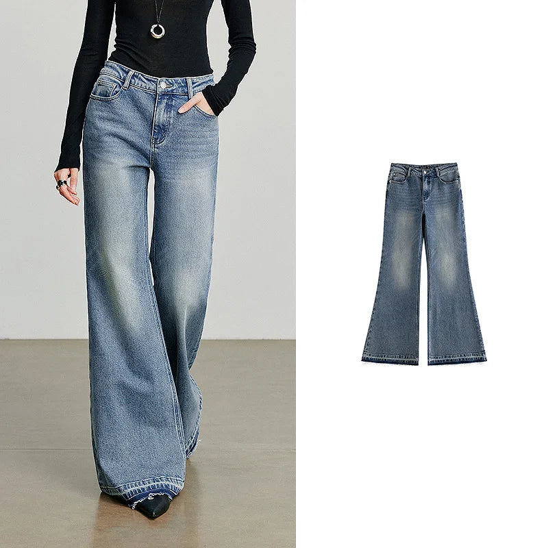 TOYOUTH Women Denim Jeans 2025 Autumn New Gradient Washed Lycra Cotton Flare Pants